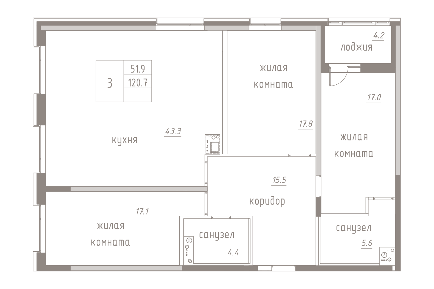 3-комнатная, 123 м² — ЖК ЖК Лайф Лесная