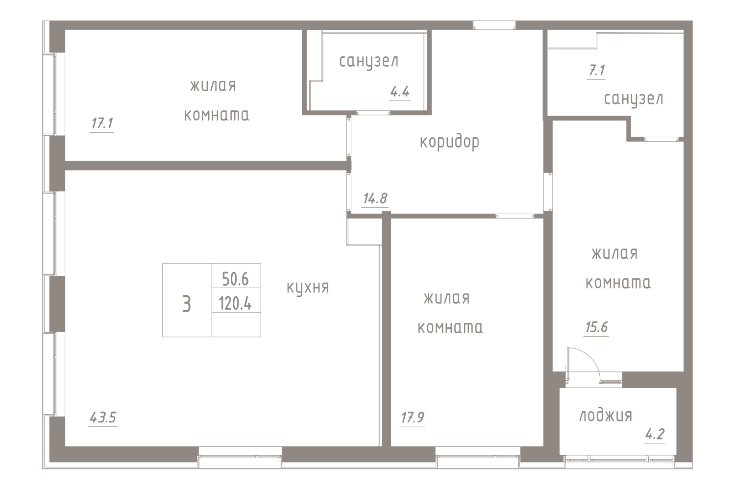 3-комнатная, 123 м² — ЖК ЖК Лайф Лесная