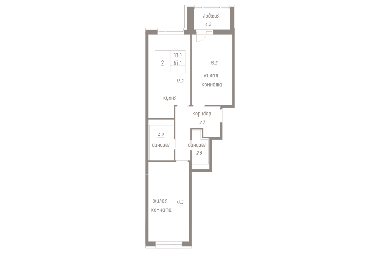 2-комнатная, 69 м² — ЖК ЖК Лайф Лесная
