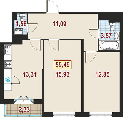 2-комнатная, 59 м² — ЖК ЖК Дом у Каретного