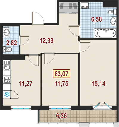 2-комнатная, 63 м² — ЖК ЖК Дом у Каретного