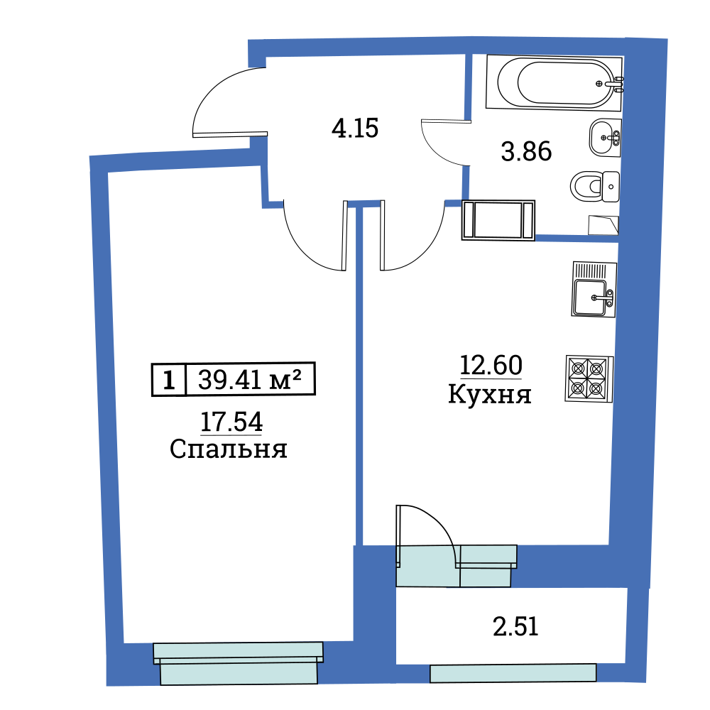 1-комнатная, 39 м² — ЖК ЖК «Авиатор (Aviator)»