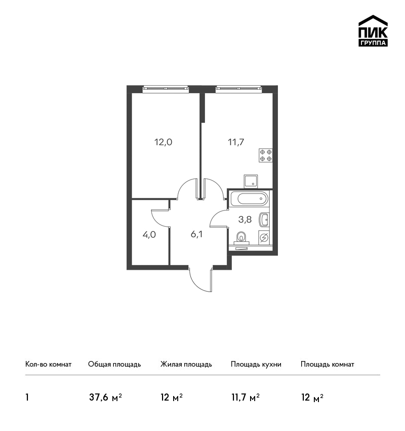 1-комнатная, 38 м² — ЖК ЖК Дальневосточный 15