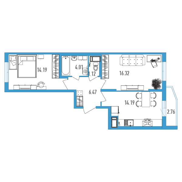 2-комнатная, 58 м² — ЖК ЖК Yoga (Йога)