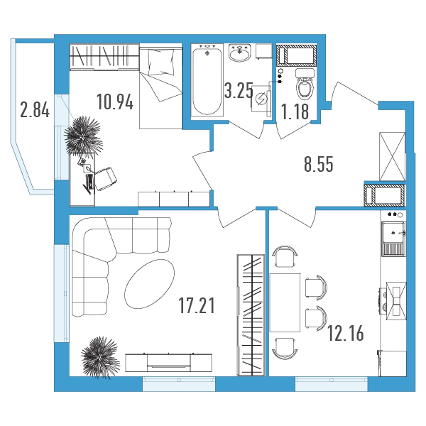 2-комнатная, 54 м² — ЖК ЖК Yoga (Йога)