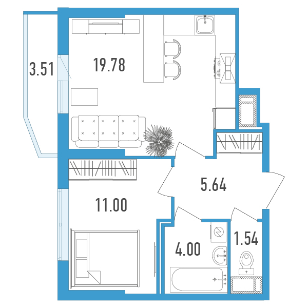 1-комнатная, 43 м² — ЖК ЖК Yoga (Йога)