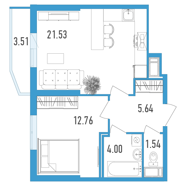 1-комнатная, 47 м² — ЖК ЖК Yoga (Йога)