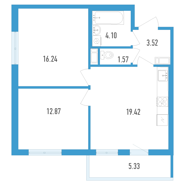 2-комнатная, 59 м² — ЖК ЖК Аэросити