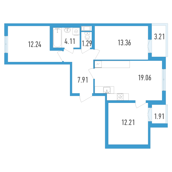 3-комнатная, 73 м² — ЖК ЖК Аэросити