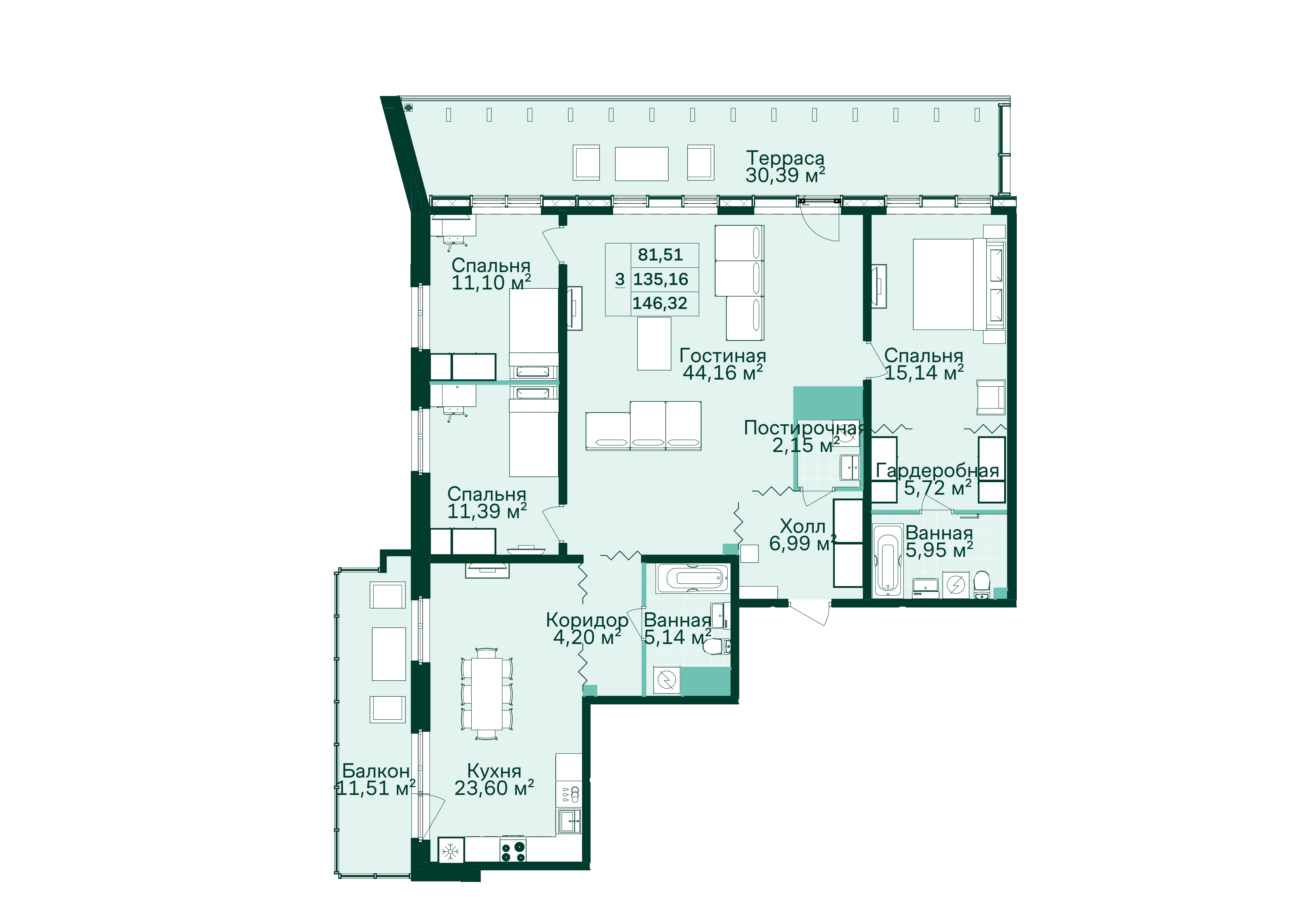 3-комнатная, 148 м² — ЖК ЖК Магнифика Резиденс (Magnifika Residence)
