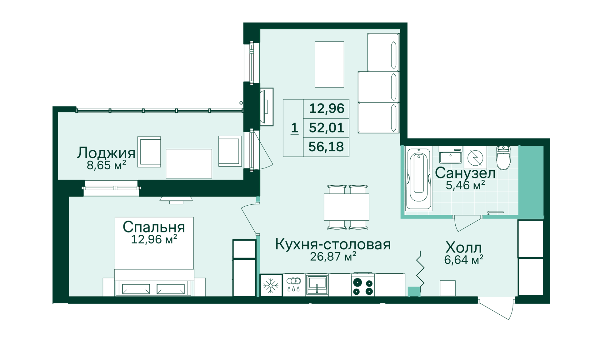 1-комнатная, 56 м² — ЖК ЖК Магнифика Резиденс (Magnifika Residence)
