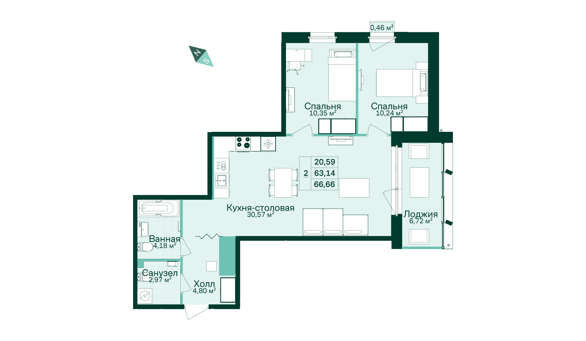 2-комнатная, 67 м² — ЖК ЖК Магнифика Резиденс (Magnifika Residence)
