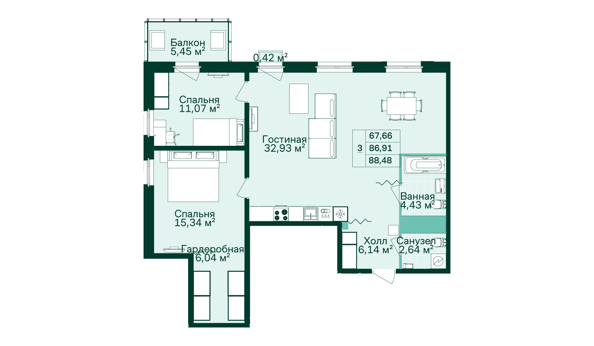 2-комнатная, 89 м² — ЖК ЖК Магнифика Резиденс (Magnifika Residence)