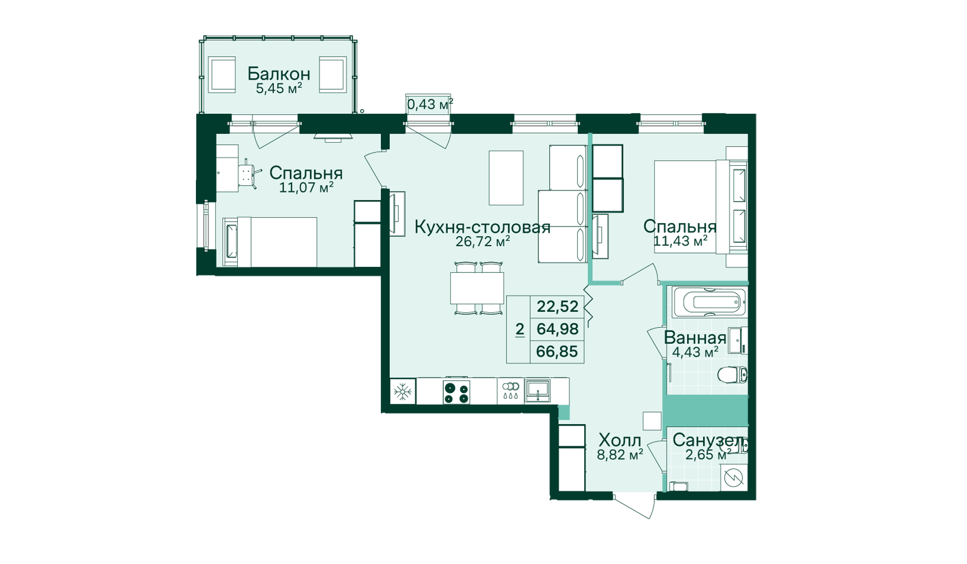 2-комнатная, 67 м² — ЖК ЖК Магнифика Резиденс (Magnifika Residence)
