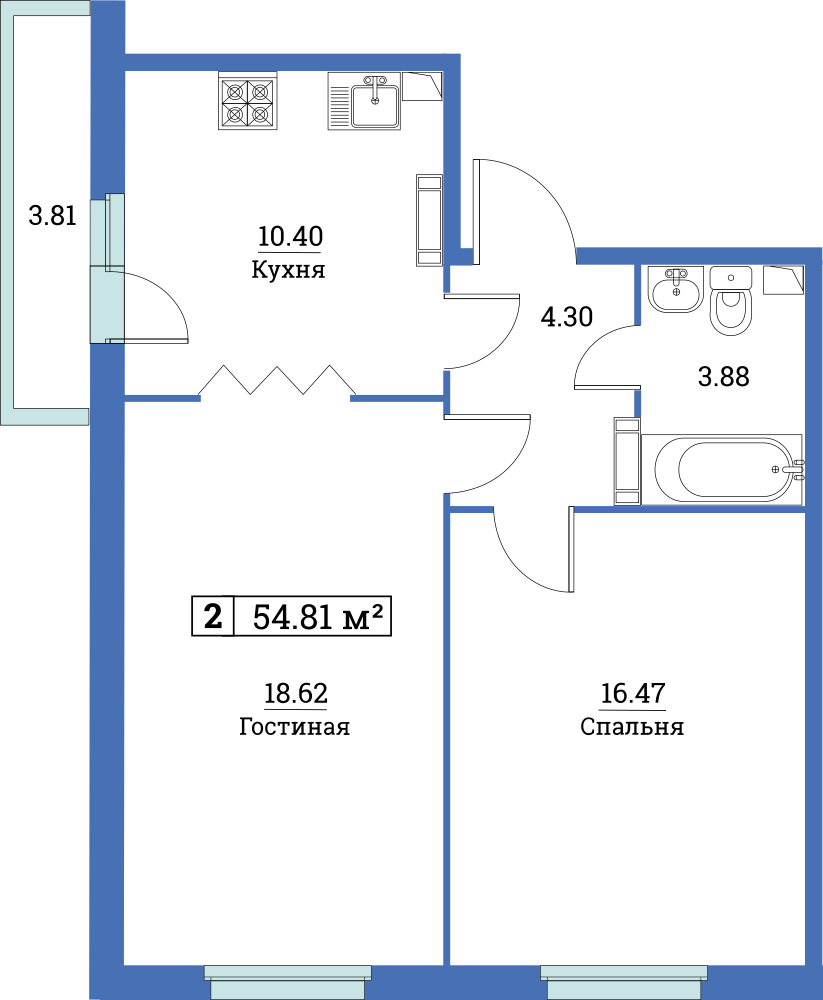 2-комнатная, 55 м² — ЖК ЖК Цвета радуги