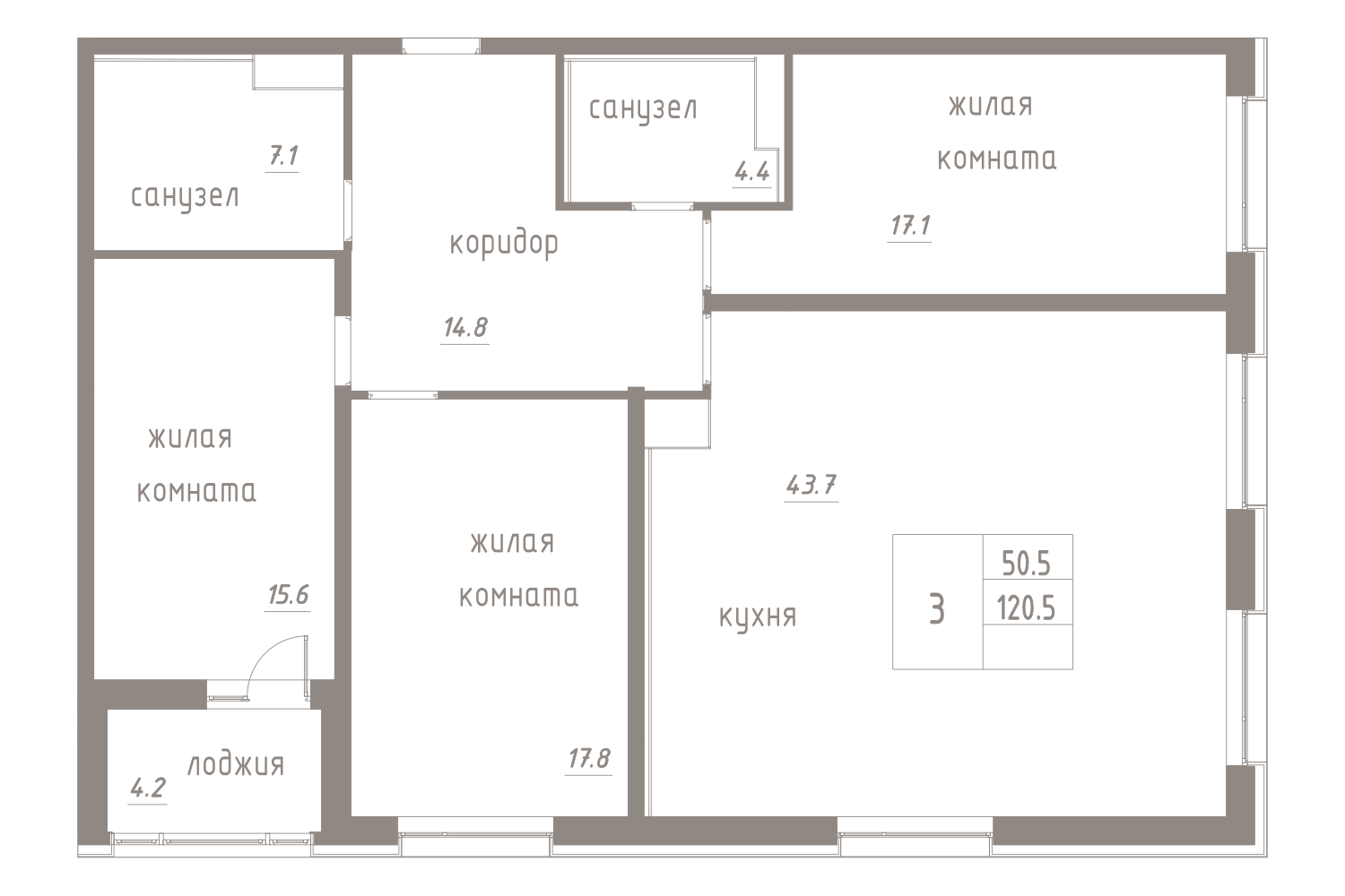 3-комнатная, 123 м² — ЖК ЖК Лайф Лесная