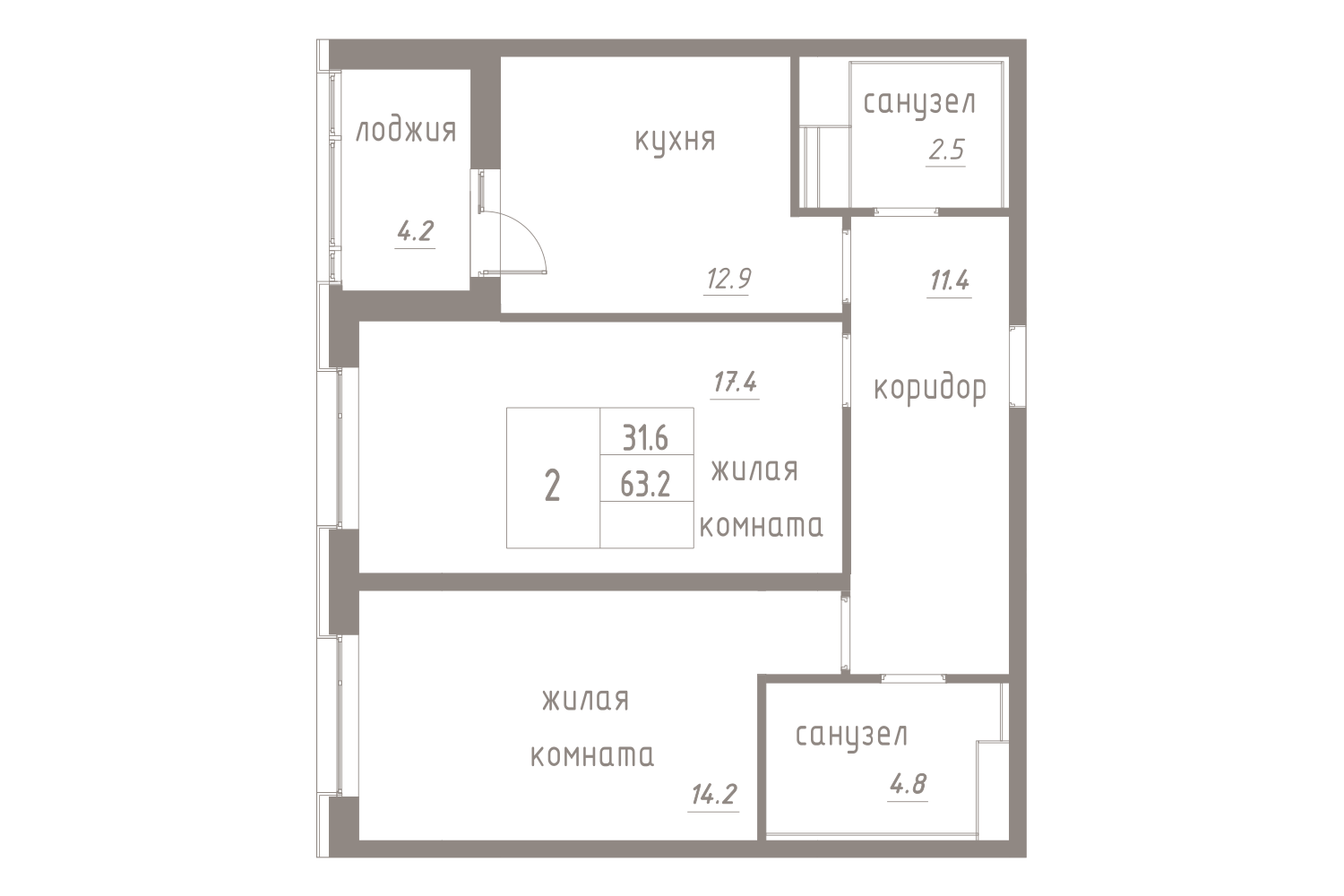 2-комнатная, 65 м² — ЖК ЖК Лайф Лесная
