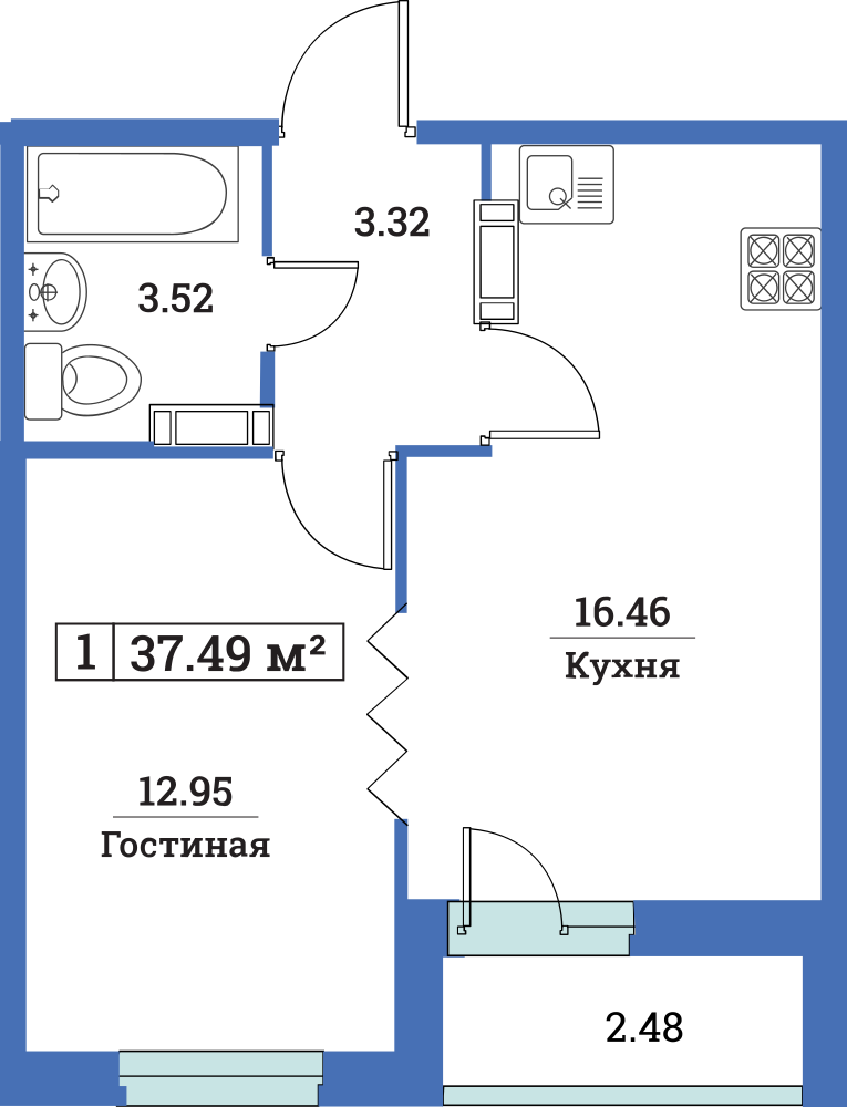 1-комнатная, 37 м² — ЖК ЖК Цвета радуги
