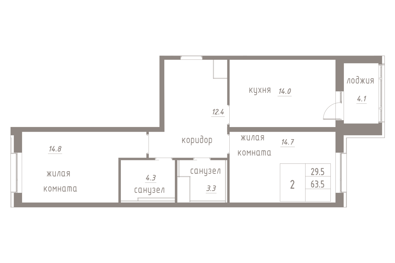 2-комнатная, 66 м² — ЖК ЖК Лайф Лесная
