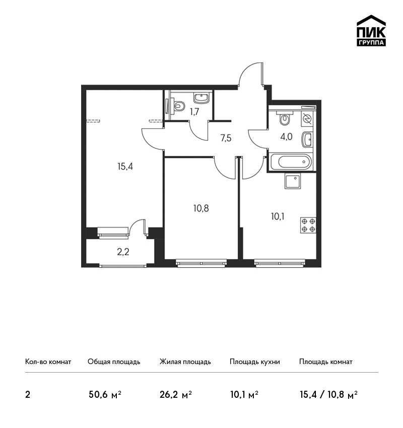 2-комнатная, 51 м² — ЖК ЖК Орловский парк