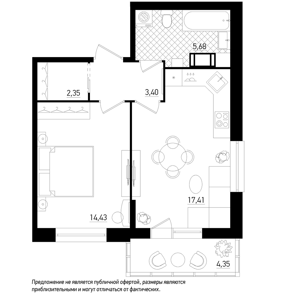 1-комнатная, 45 м² — ЖК ЖК Охта Хаус