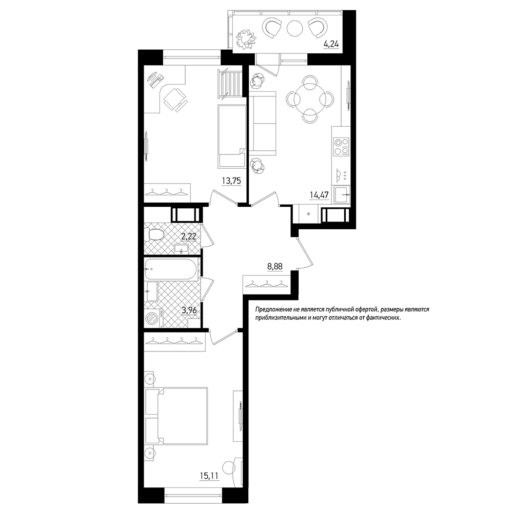 2-комнатная, 61 м² — ЖК ЖК Охта Хаус