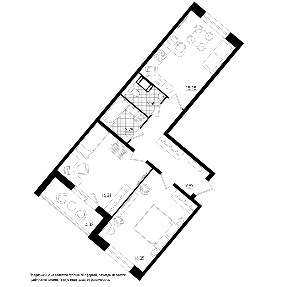 2-комнатная, 64 м² — ЖК ЖК Охта Хаус