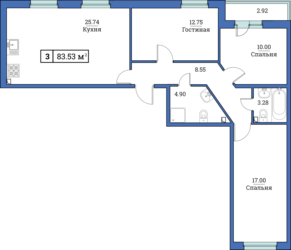 3-комнатная, 84 м² — ЖК ЖК Цвета радуги