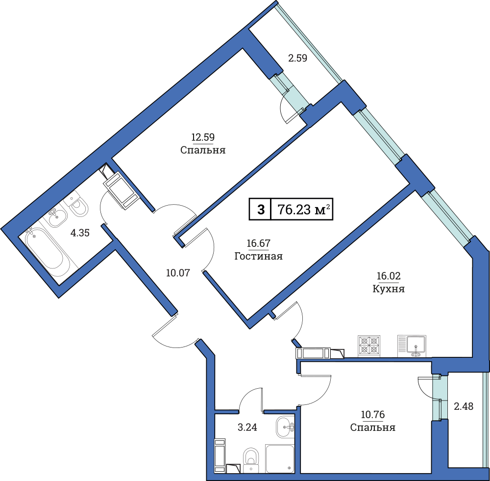 3-комнатная, 76 м² — ЖК ЖК Цвета радуги