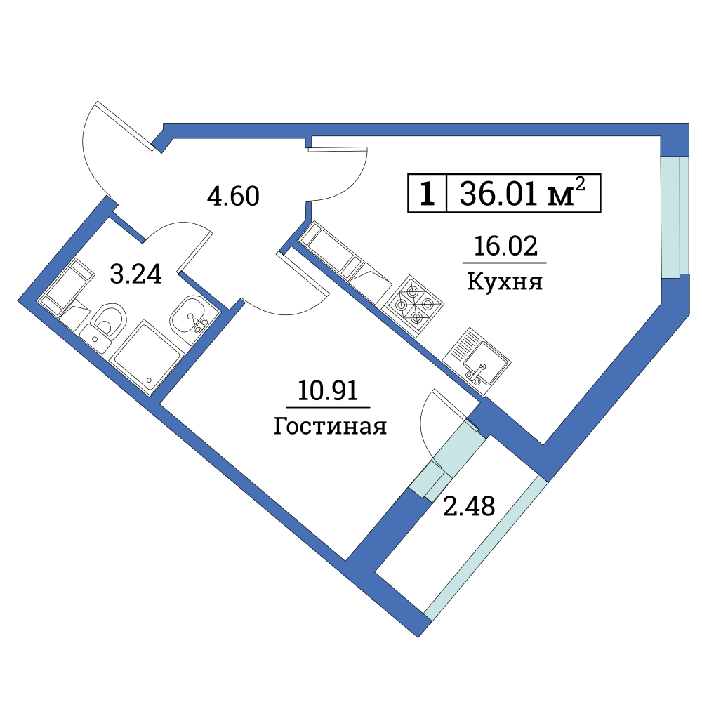 1-комнатная, 36 м² — ЖК ЖК Цвета радуги