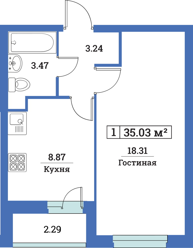 1-комнатная, 35 м² — ЖК ЖК Цвета радуги