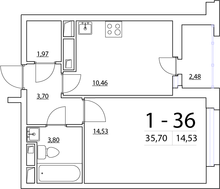 1-комнатная, 36 м² — ЖК ЖК Нью Тайм (New Time)
