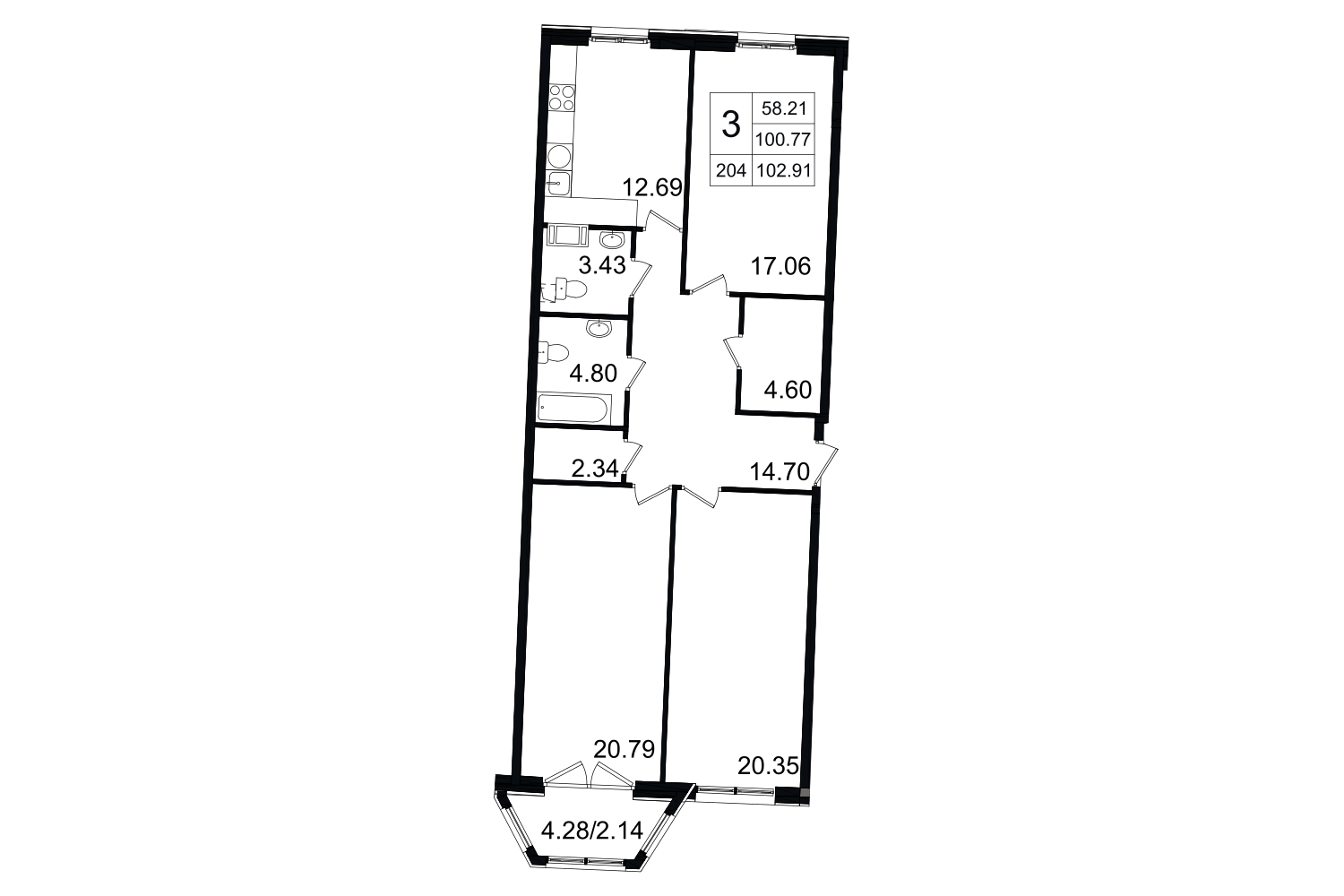 3-комнатная, 103 м² — ЖК ЖК Grand House (Гранд Хаус)