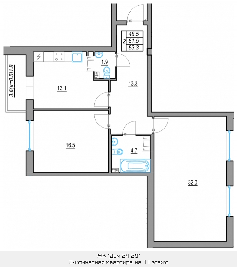 2-комнатная, 81 м² — ЖК Жилой дом 24 29