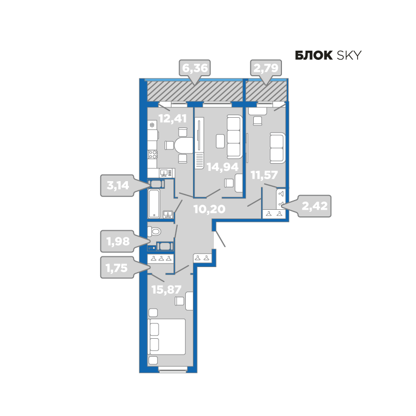 3-комнатная, 83 м² — ЖК Апарт-комплекс Like (Лайк)