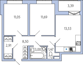 1-комнатная, 54 м² — ЖК ЖК Янила Драйв