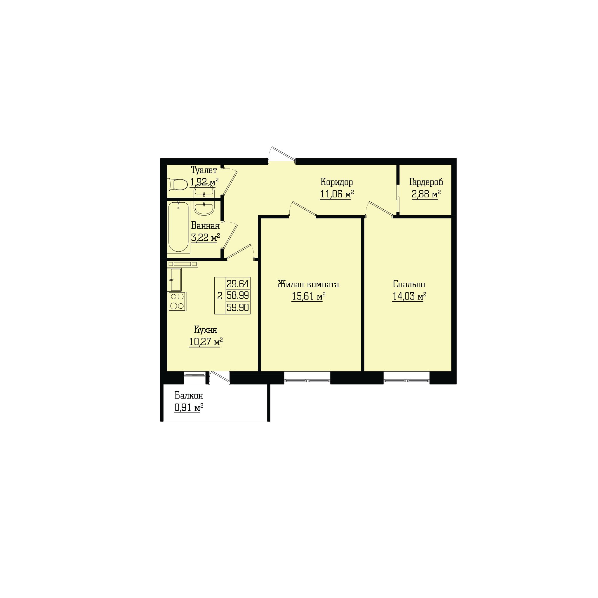 2-комнатная, 60 м² — ЖК Жилой дом на Лабораторном, 23А