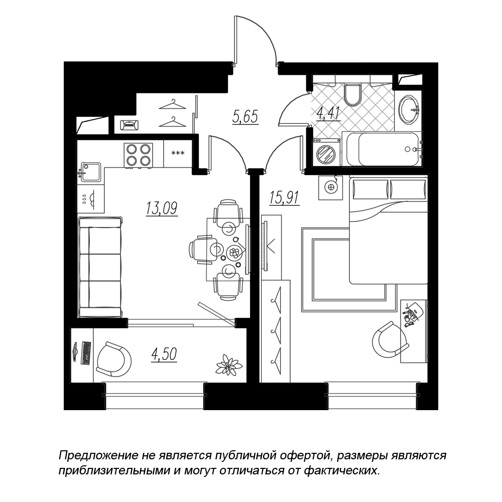 1-комнатная, 44 м² — ЖК ЖК Botanica (Ботаника)
