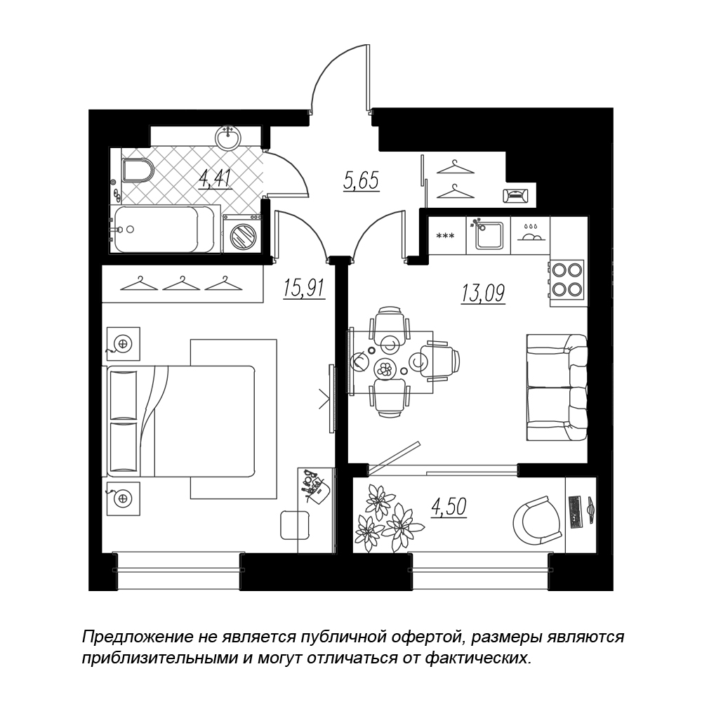 1-комнатная, 44 м² — ЖК ЖК Botanica (Ботаника)