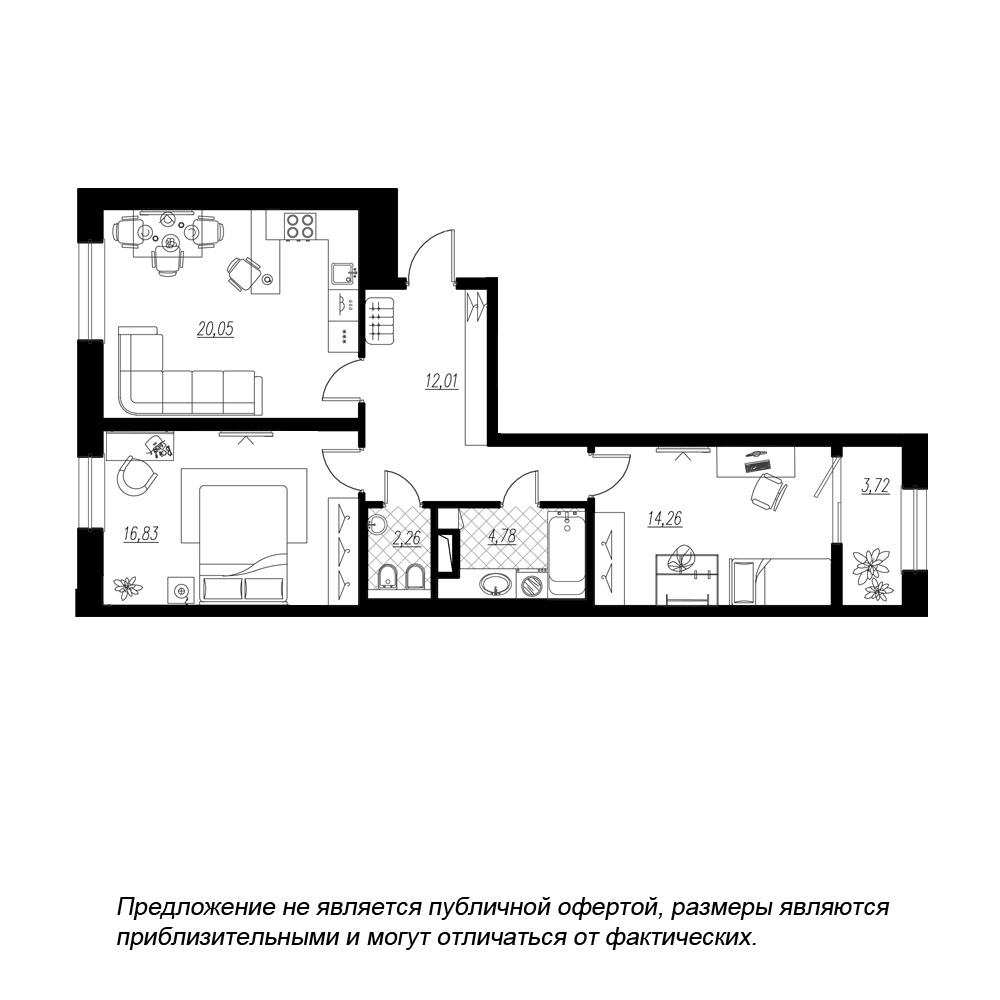 2-комнатная, 74 м² — ЖК ЖК Botanica (Ботаника)