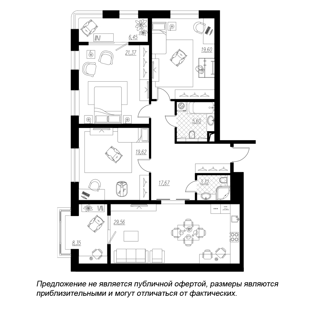 3-комнатная, 132 м² — ЖК ЖК Botanica (Ботаника)