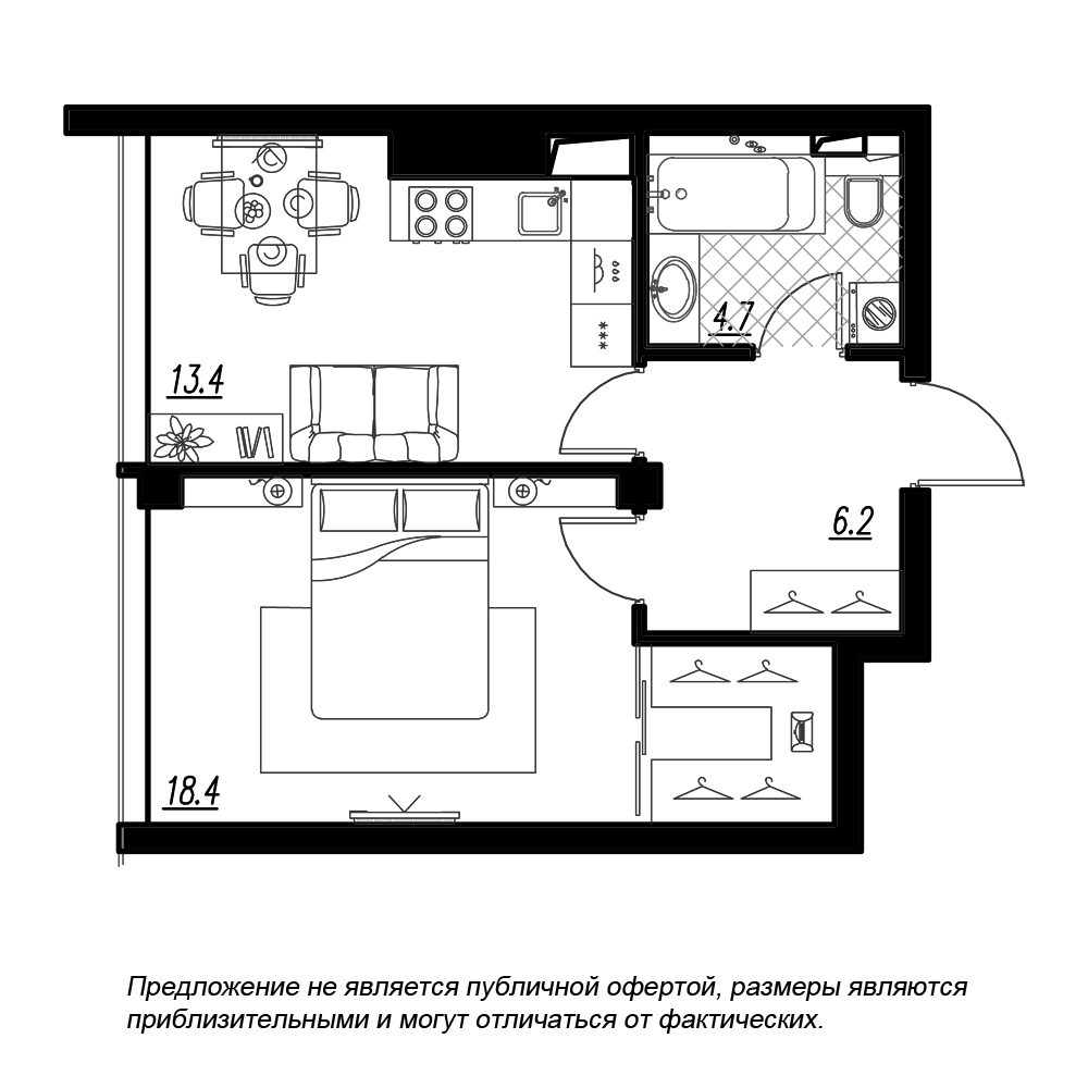 1-комнатная, 44 м² — ЖК ЖК Fusion (Фьюжн)