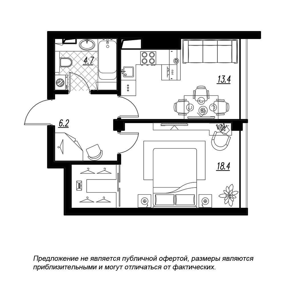 1-комнатная, 45 м² — ЖК ЖК Fusion (Фьюжн)