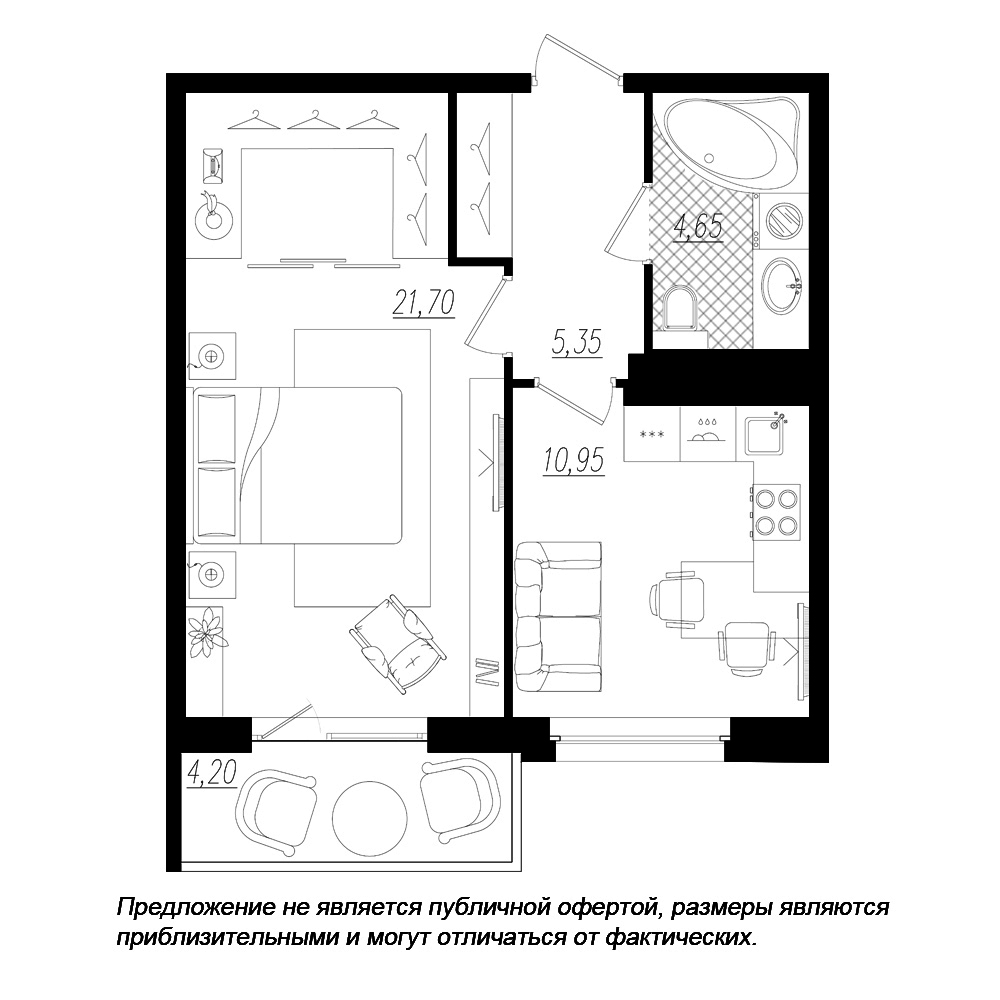 1-комнатная, 44 м² — ЖК ЖК Дом на Космонавтов
