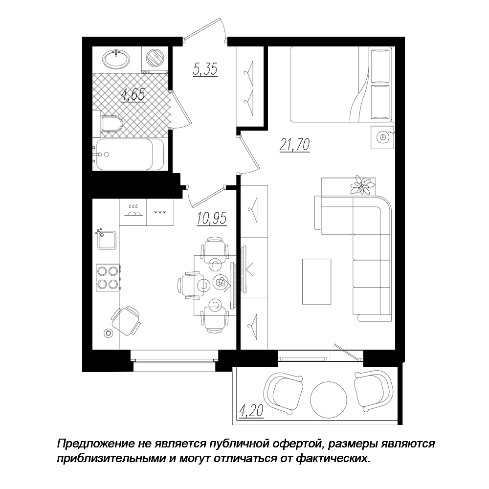 1-комнатная, 44 м² — ЖК ЖК Дом на Космонавтов
