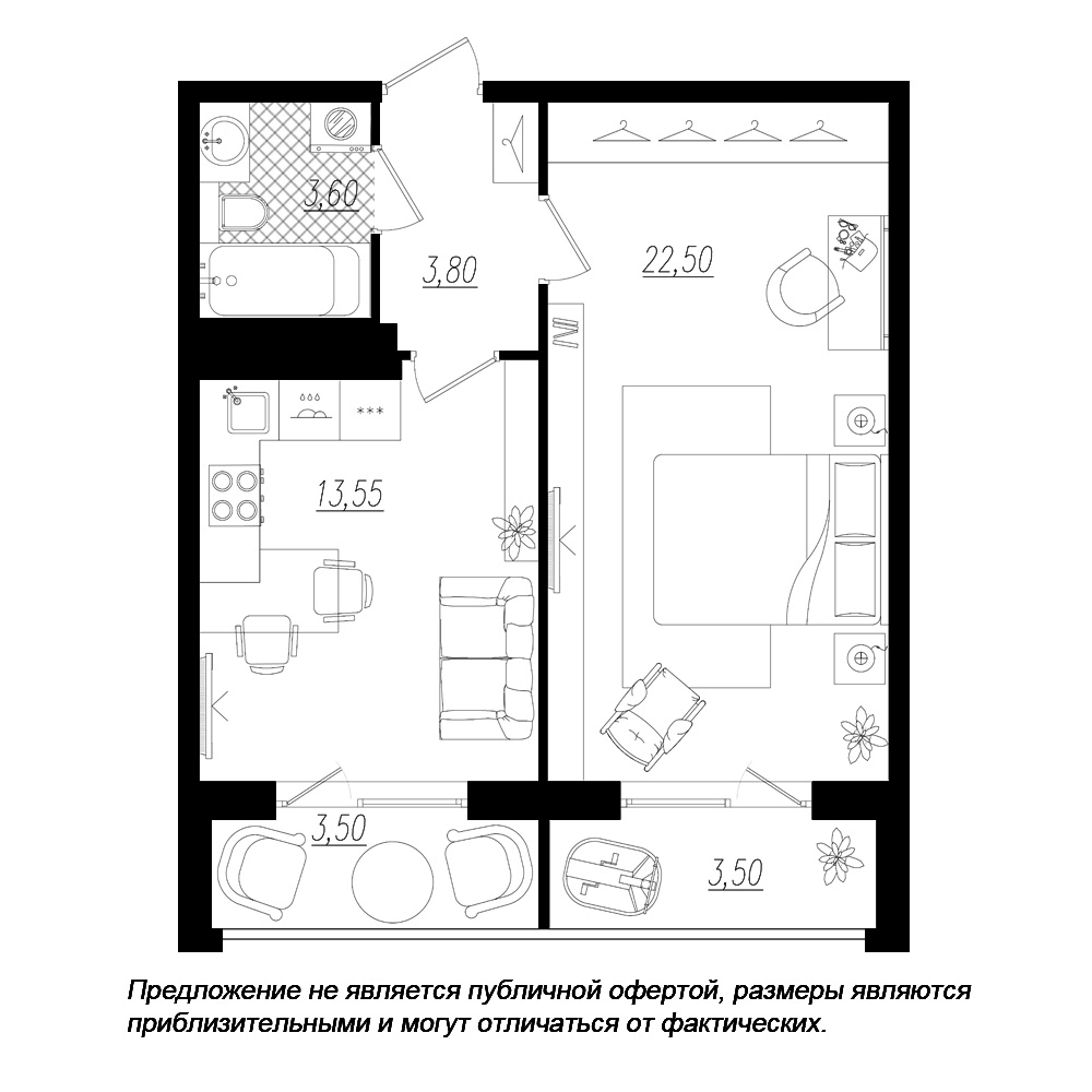 1-комнатная, 47 м² — ЖК ЖК Дом на Космонавтов
