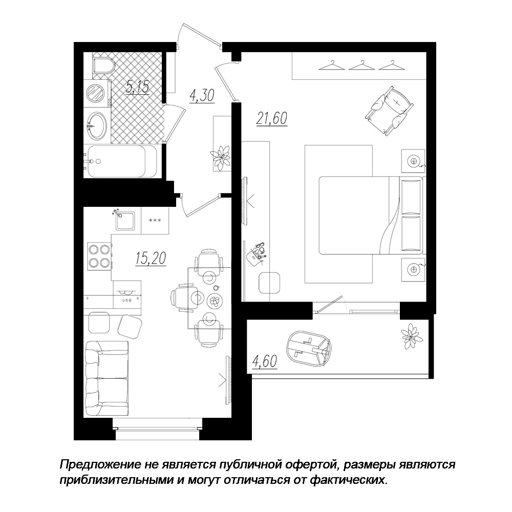 1-комнатная, 49 м² — ЖК ЖК Дом на Космонавтов
