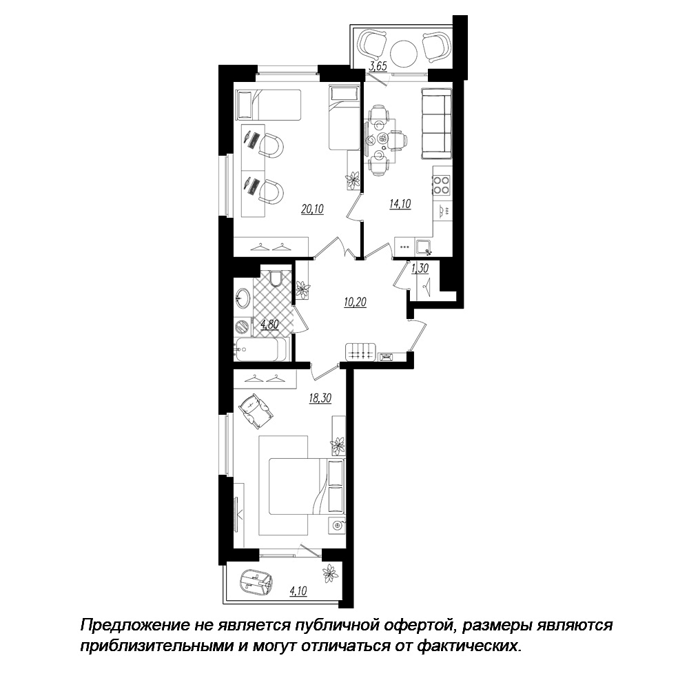 2-комнатная, 73 м² — ЖК ЖК Дом на Космонавтов