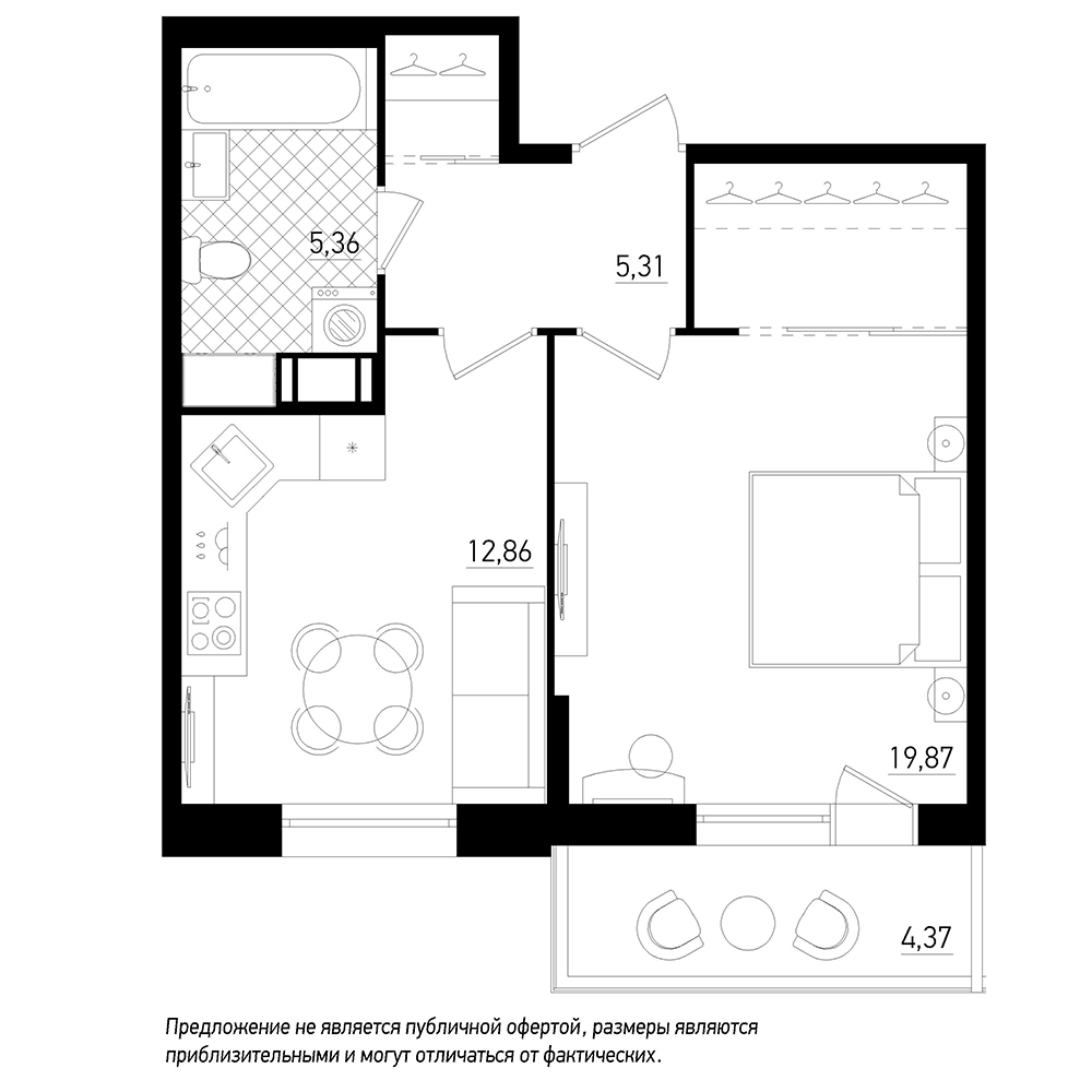 1-комнатная, 45 м² — ЖК ЖК Охта Хаус