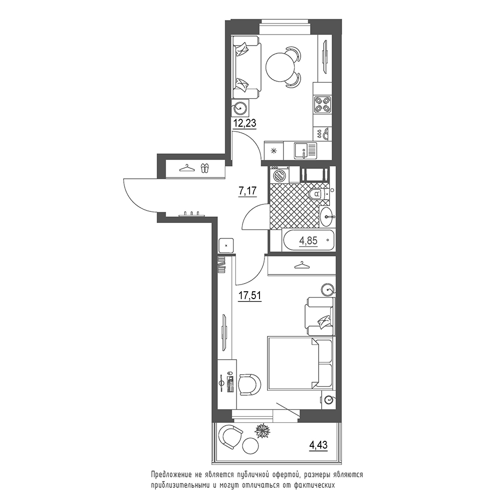 1-комнатная, 43 м² — ЖК ЖК Охта Хаус